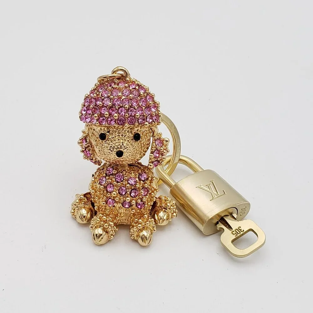 Authentic Louis Vuitton Gold Padlock & Key w/Unbranded Rhinestone Dog Keychain - Picture 8 of 8